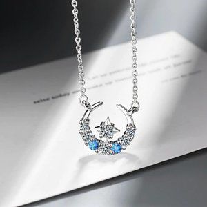 NEW 925 Sterling Silver Diamond Moon Star Necklace